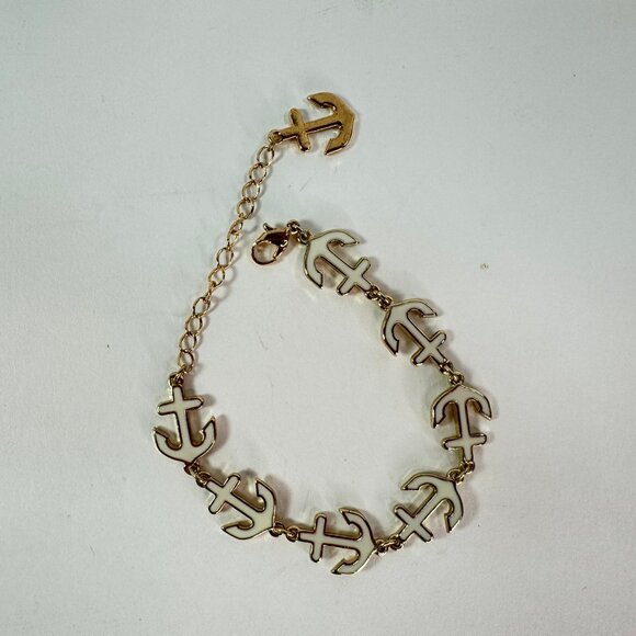 White enamel nautical anchor charm link adjustable bracelet - Picture 1 of 4
